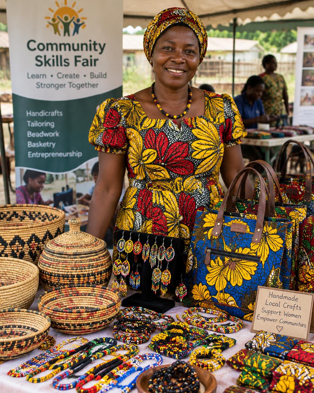 A mother at her market stall with handmade baskets, beadwork and bags