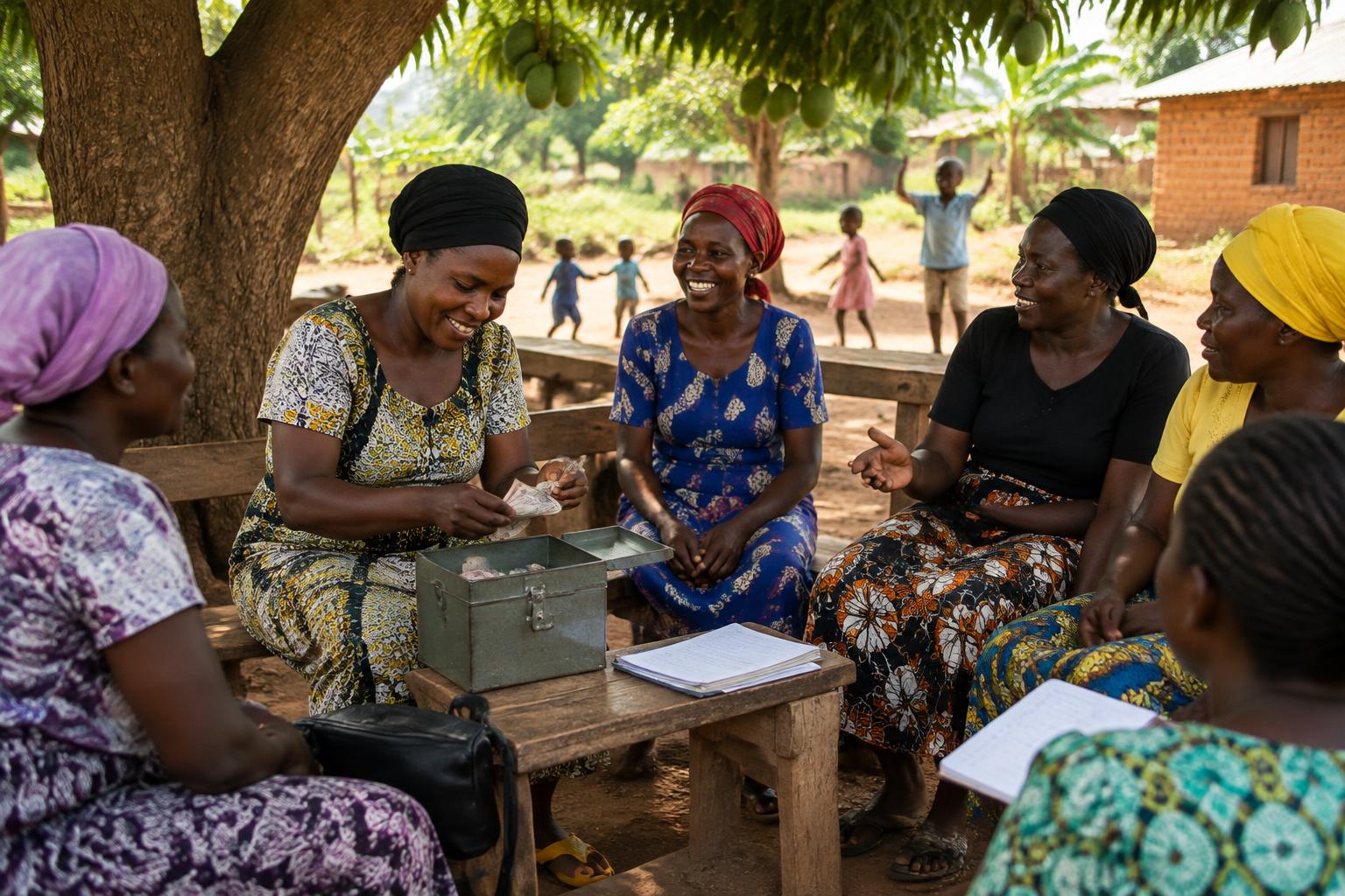 Women at a savings group meeting under a mango tree
