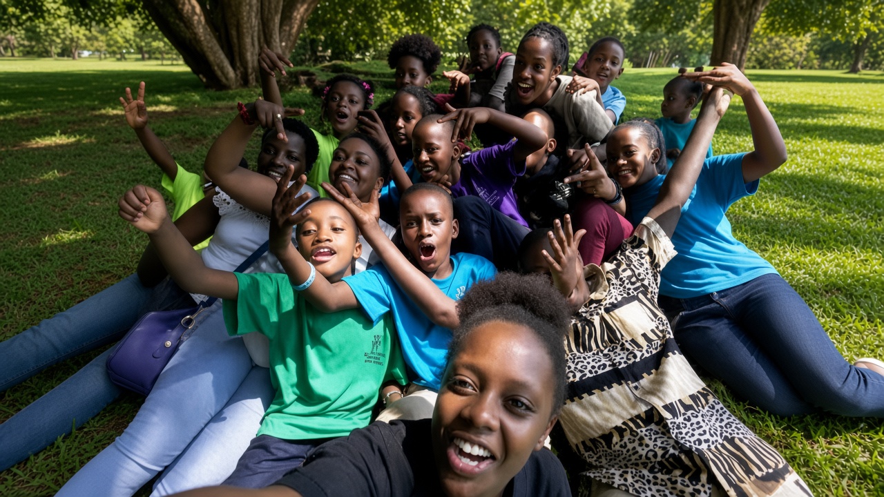 A group of children smiling together outdoors